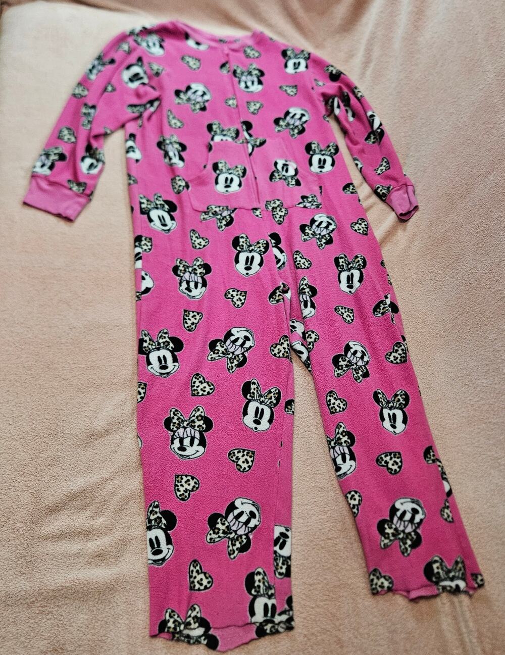 Disney Minnie Mouse Pink Fleece Pajamas Leopard Heart Bow Size L 11/13*Modified*